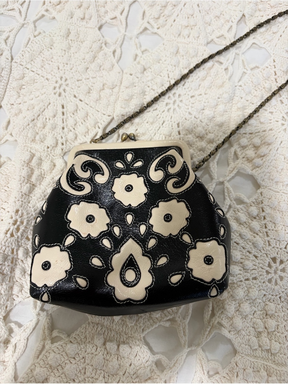 Vintage Isabella Fiore Y2K Black & Ivory Floral Leather Frame Crossbody Bag.